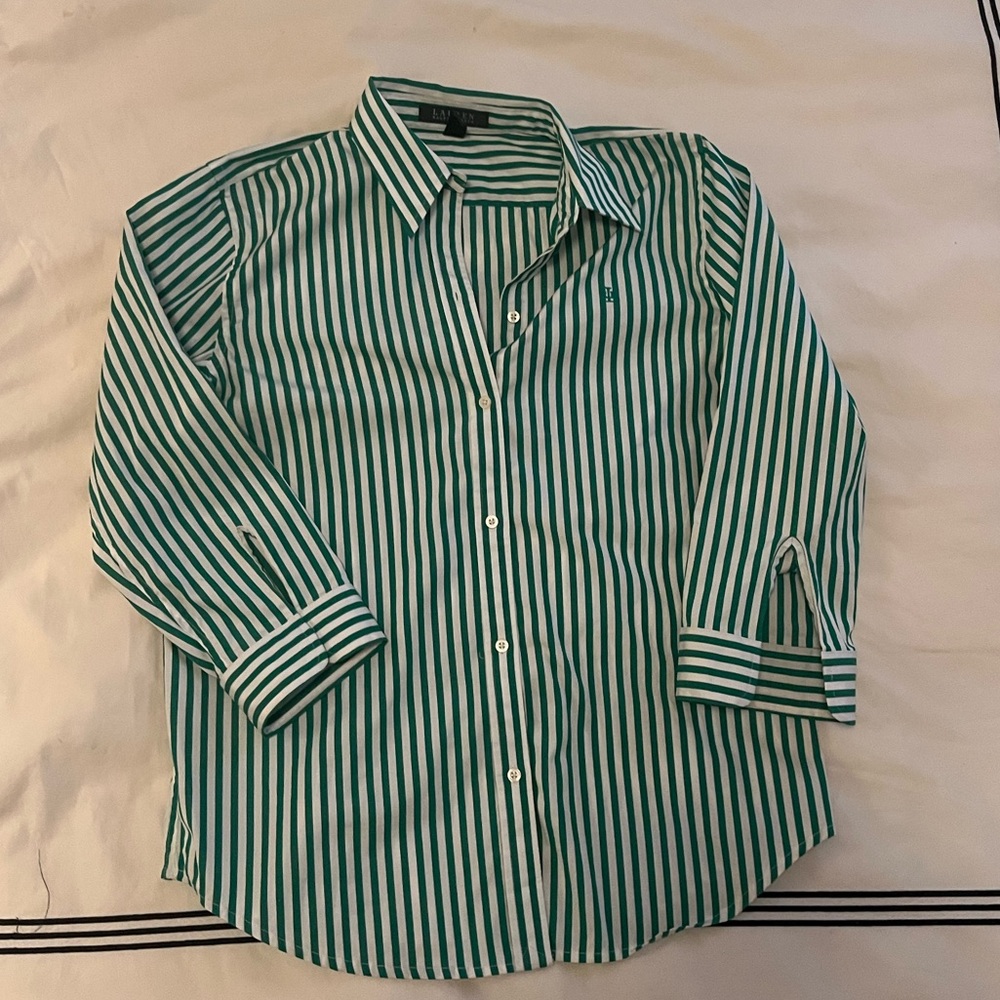 Ralph Lauren green white stripe button down medium